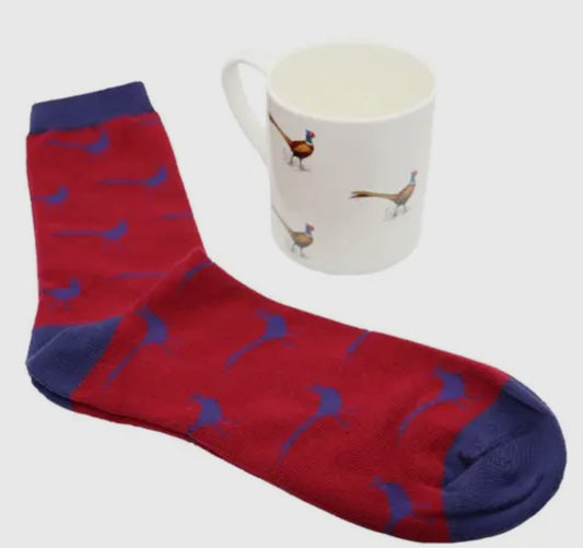 PHEASANT FINE BONE CHINA MUG & SOCK GIFT SET
